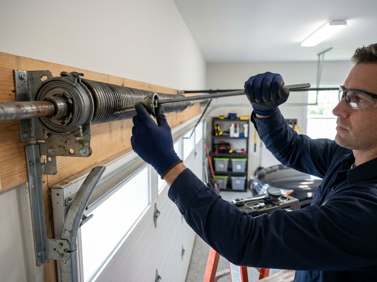 Technician performing preventative garage door maintenance